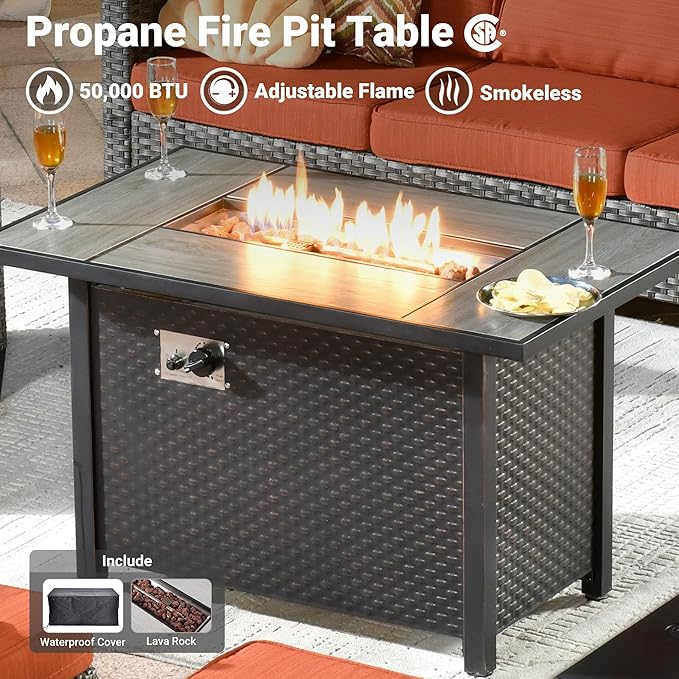 ovios Patio Furniture Set, 6 Pieces Outdoor Wicker Sofa Couch with Fire Pit Table, Ottomans and Comfy Cushions, All Weather High Back Rattan Conversation Set, Orange Red