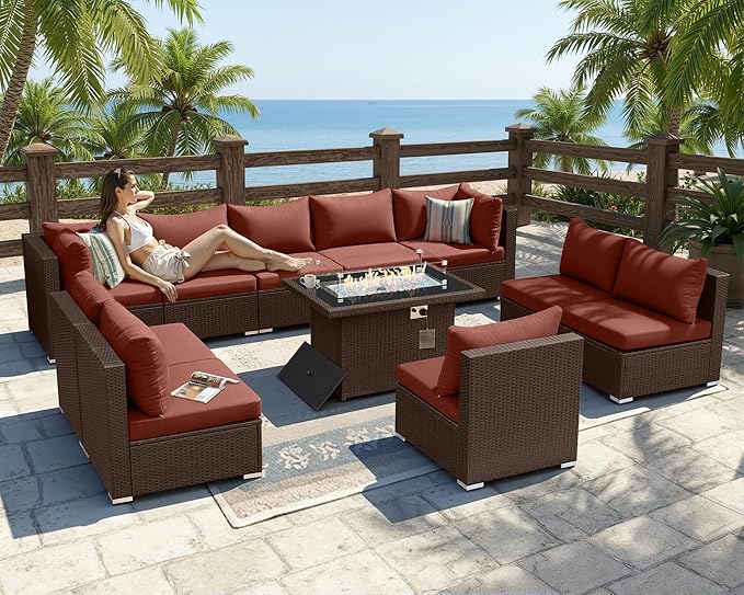 BULEXYARD 11 Piece High Back Wicker Patio Furniture Sets with Fire Pit, Luxury Extra Large Size Outdoor Seating Set, Comfortable Extra Wide Deep 10-Seater Sectional Couch Sofa for Outside, Brown & Red