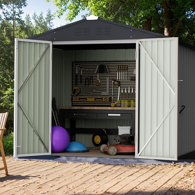 GUNJI 8 x 6 FT Shed Outdoor Storage Shed Metal Garden Shed with Lockable Door Outside Waterproof Tool Shed for Backyard, Patio, Lawn (White) - Image 2