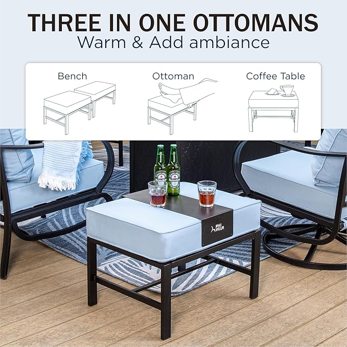 PHI VILLA 7 PCS Patio Furniture Set,Metal Outdoor Furniture with 1x 3 Seater Cushioned Deep Seating Bench Sofa, 2 Swivel Chair, 2 x Leg Sofa Chairs & 2 Ottoman for 7 Person, Light Blue