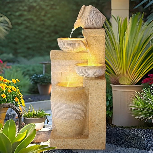 4-Tier Outdoor Indoor Water Feature Fountain, 32" H Indoor Cascading Waterfall with 3 LED Lights, Floor Standing Garden Fountain for Garden, Deck, Backyard, Patio, Yard (Yellow)