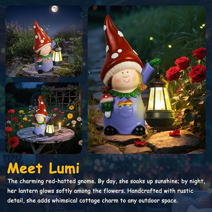 Gnome Statue Garden Ornaments Art Outdoor Decoration with Solar Powered LED Lights Decor for Patio,Balcony,Yard, Mum Birthday Gifts, Garden Gifts for Women, Chrismtas Gifts for Mom Grandma
