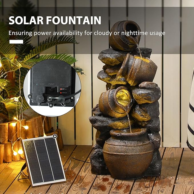 Outsunny 28.3" Tall Solar Powered Outdoor Water Fountain, 4-Tier Floor Standing Resin Cascading Jars and Stacked Stones Waterfall Fountain with LED Lights and Pump for Garden, Patio, Backyard