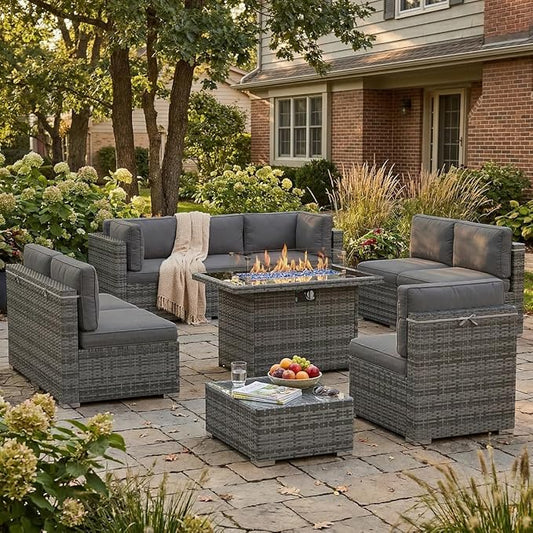 10 Pieces Patio Furniture Set with 44" Propane Gas Fire Pit Table, Outdoor Sectional Wicker Conversation Sofa Sets with Coffee Table