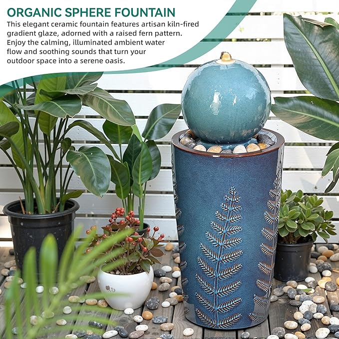 29.5" H Ceramic Sphere Water Fountain with LED Light, Modern Nature-Inspired Design, Teal Blue Glaze with Leaf Patterns & Decorative Pebbles, Soothing Water Feature for Patio, Yard or Garden