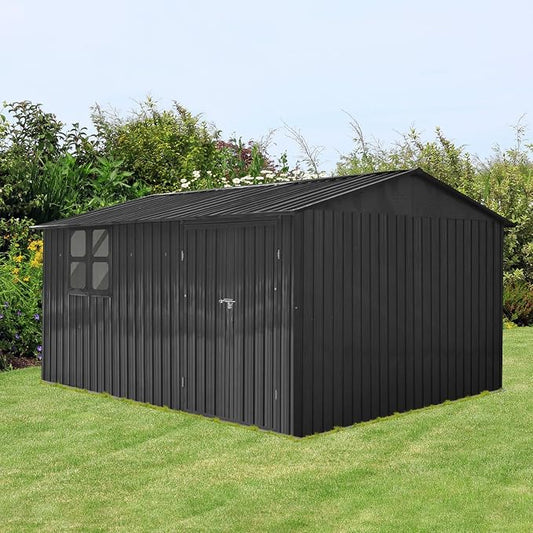 10x12 FT Outdoor Storage Shed, Large Metal Garden Shed with Window & Hinged Door, Upgraded Outside Tool Shed with Foldable Worktable & 2 Shelves, Waterproof Storage Building for Backyard, Black by BNSPLY