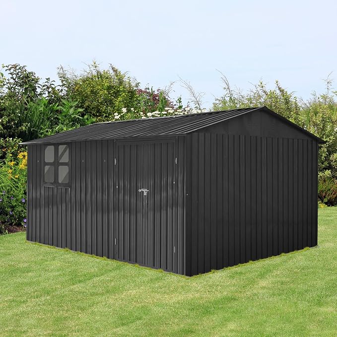 10x12 FT Outdoor Storage Shed, Large Metal Garden Shed with 4-pane Window, Outside Tool Shed with Lockable Hinged Doors & 4 Air Vents, Waterproof Storage Building for Backyard, Patio, Lawn, Black by BNSPLY