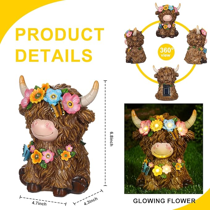 Highland Cow Resin Figurine Highland Cow Statue Christmas Outdoor Decor with Flower for Patio, Yard, Gift for Mom, Calf Gnome Herd Lovers (Classic)