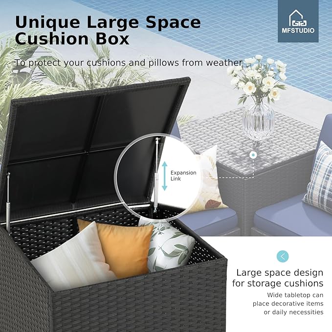 MFSTUDIO 4 Piece Wicker Patio Furniture Set, L Shaped Small Rattan Patio Sectional Sofa Couch Outdoor Conversation Sets with Navy Blue Cushions, Storage Box, Glass Coffee Table for Garden, Backyard
