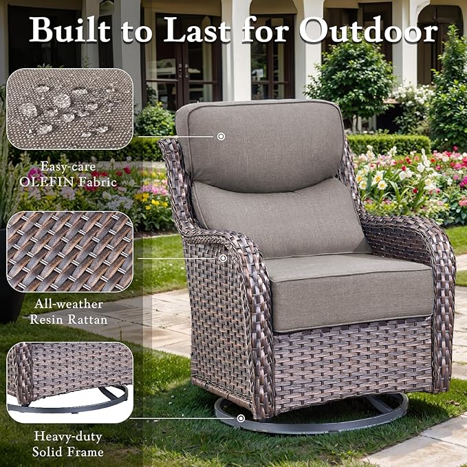Luxury High Back Outdoor Furniture with 6-inch Extra Thick Cushions, Patio Furniture Set with Swivel Chairs, 10 PCS Wicker Conversation Set for Yard, Deck, Poolside, Brown/Grey