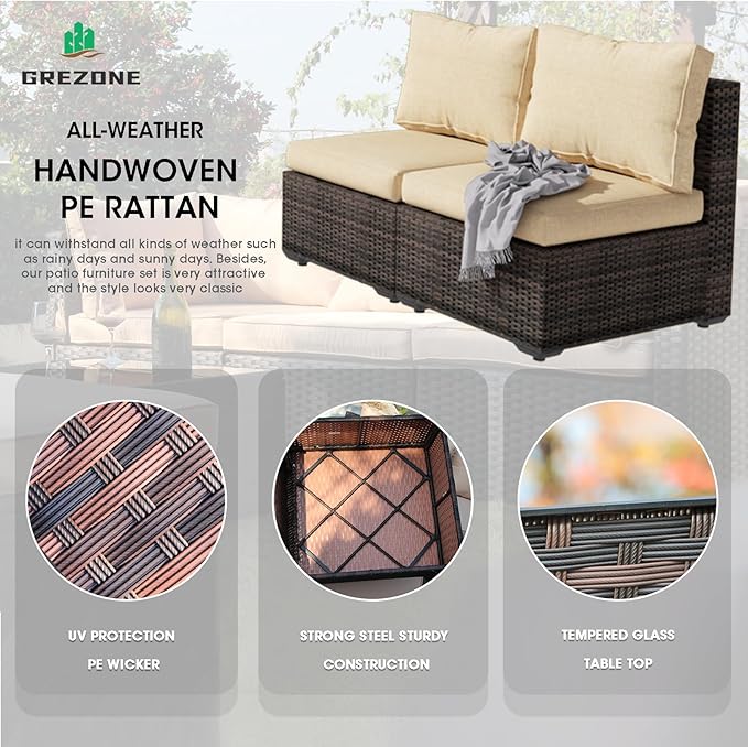 Grezone 5 Piece Patio Furniture Set with 44" Fire Pit Table, Outdoor Sectional Couch, PE Rattan Patio Conversation Sets with 4inch Cushions for Backyard Beige