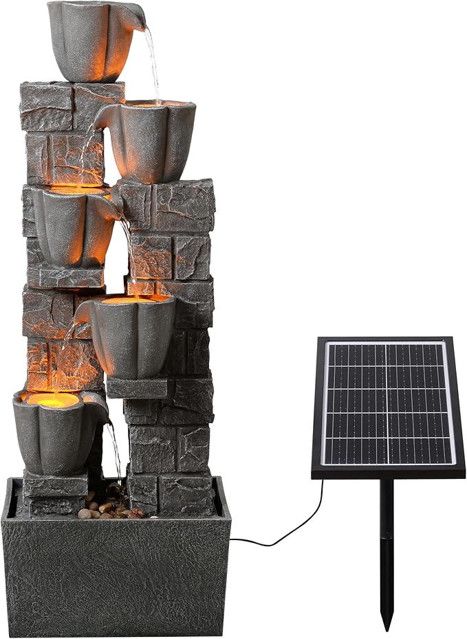 Solar Powered Water Fountain-36.2in.Tall Floor-Standing Outdoor Fountains with Tulip Design - Natural 4 Tiers Waterfall Water Feature for Outside Garden,Backyard,Lawn Decor,Grey