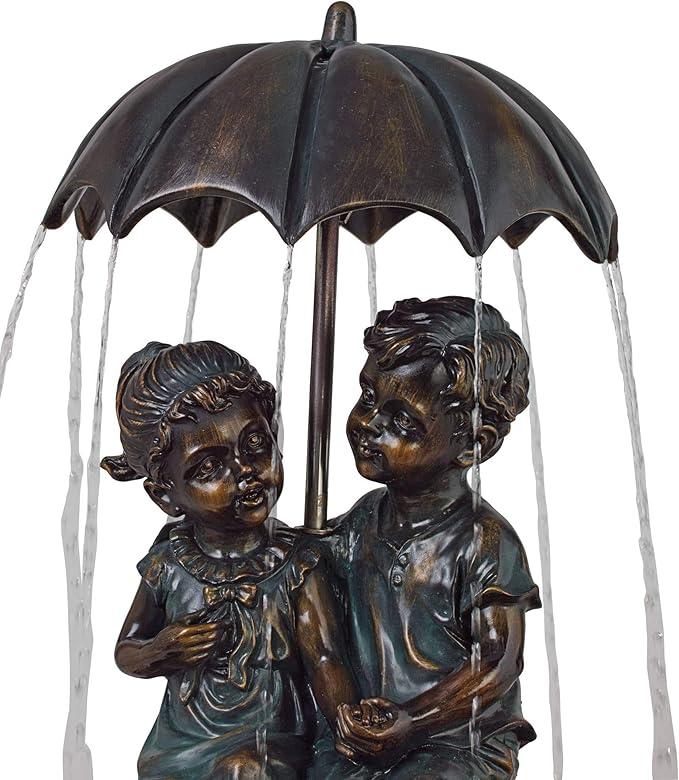 Boy and Girl Under Umbrella 40" High Large Rustic Indoor Outdoor Cottage Core Decor Bronze Floor Fountain Standing Waterfall Basin Water Feature for Outside Garden Patio Yard - John Timberland
