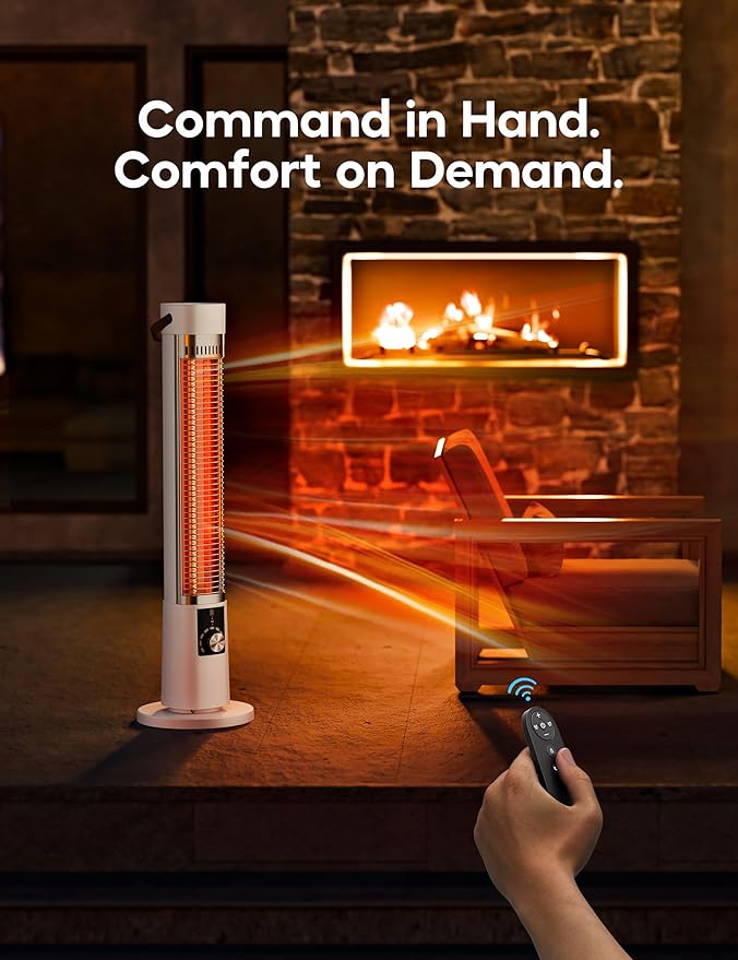 Patio Heater for Outdoor Use, Infrared Electric Outdoor Heater, 1500W Instant Heating, 60-Degree Oscillation, 9 Heat Levels, 9H Timer, Remote, for Garage, Large Room, Indoor, 32.2", White