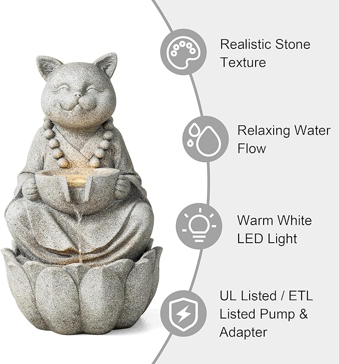 Glitzhome Water Fountain Outdoor, Outdoor Fountain with Lights, Zen-Style Water Fountain with Pump, 22" H 2-Tiered Concrete Cat Statue Polyresin Water Feature for Home Patio Garden Backyard Decor