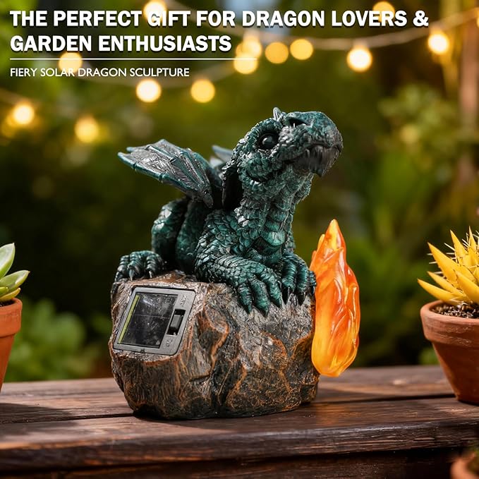 Solar Dragon Garden Decor, Porch Dragon Statue with Fiery Light - 6.8 inch Lawn Ornaments, Outdoor Decorative Art Gift for Patio, Yard, Backyard, Porch