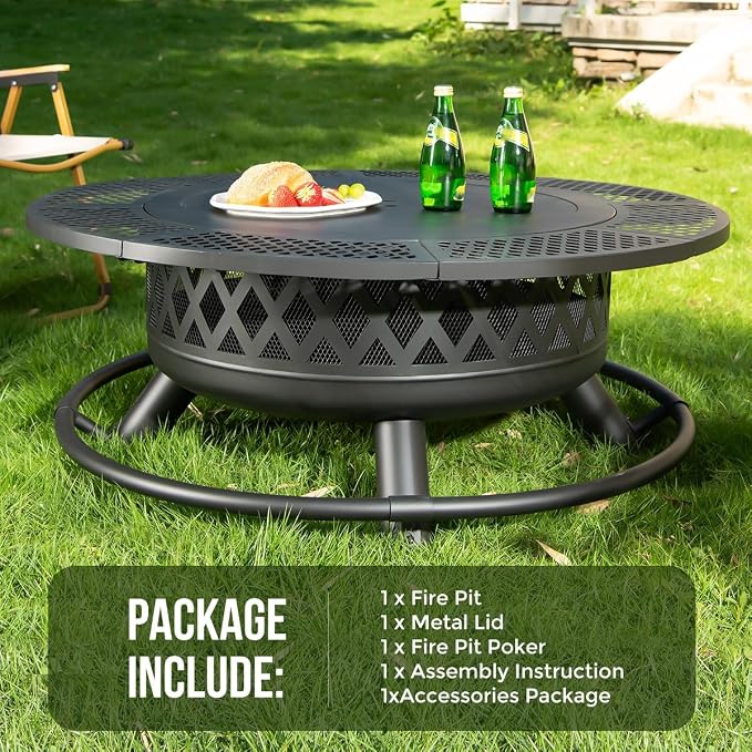 Panovue 42 Inch Outdoor Fire Pit with Grill, Large Firepit Table for Outside, Metal Round Firepits with Lid&Fire Poker,3 in 1 Wood Burning Fire Pits & Outdoor Fireplaces for Backyard,Patio(42'' Black) - Image 3