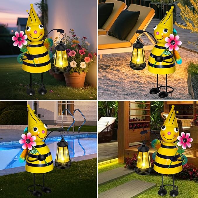 Solar Garden Bee Statue with LED Lantern,14.17 Inch Outdoor Waterproof Bee Figurine Decoration for Patio,Balcony,Yard,Lawn,Birthday Gifts for Women Grandma
