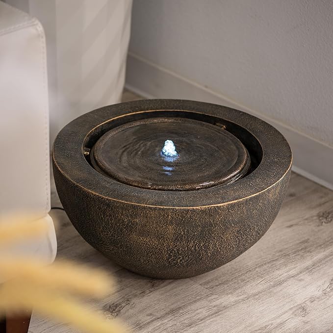 XBrand 19.8" W Round Sphere Water Fountain Indoor Outdoor with LED Light, Polyresin Bubbler Feature for Patio Garden Yard Home Décor, Bronze