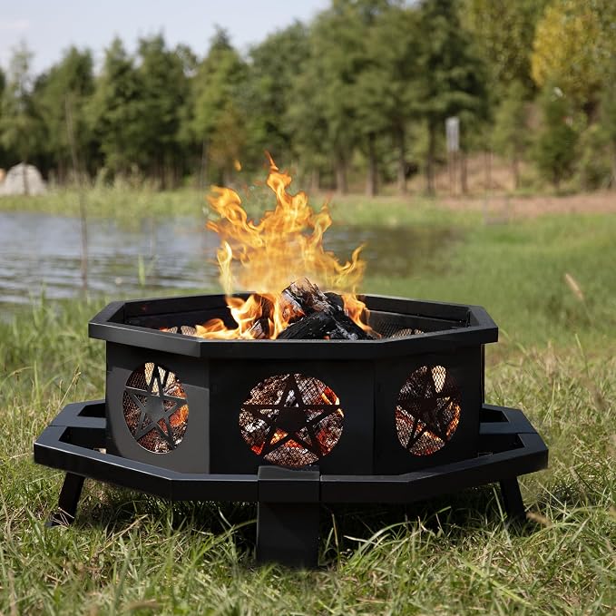 Verdeluxe 43 Inch Octagonal Fire Pit with Cooking Grill,Outdoor Wood Burning Fire Pit for Camping Outside Picnic Bonfire,Heavy Duty Firepit for Backyard Garden Patio by OutdoorFirePit