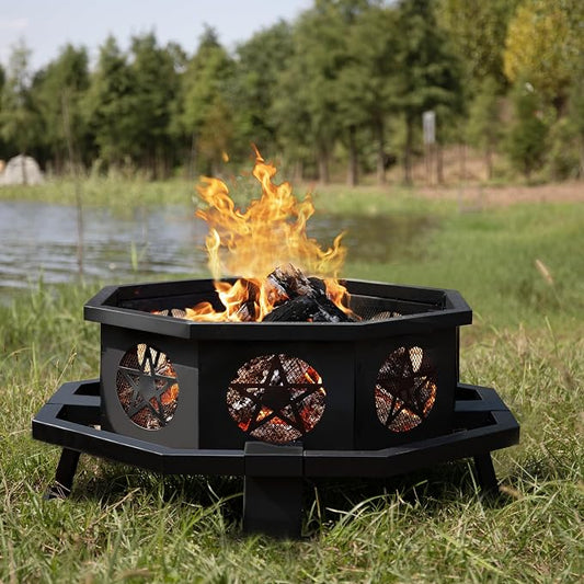Verdeluxe 43 Inch Octagonal Fire Pit with Cooking Grill,Outdoor Wood Burning Fire Pit for Camping Outside Picnic Bonfire,Heavy Duty Firepit for Backyard Garden Patio by OutdoorFirePit