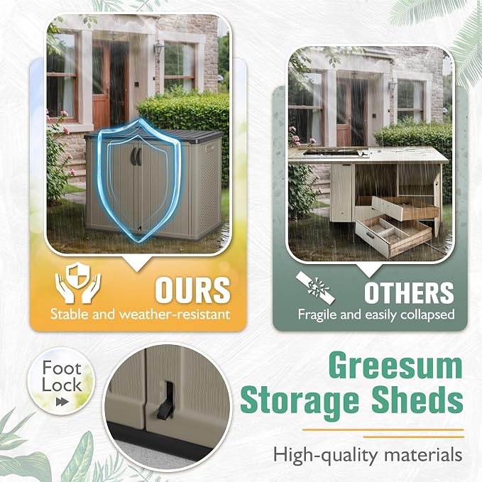 Greesum Outdoor Horizontal Storage Sheds 27 Cu.ft Resin Large Storaged Box Weather Resistance, Without Shelf, Easy to Assemble, Prefect for Garden, Patios, Backyards, Beige - Image 6