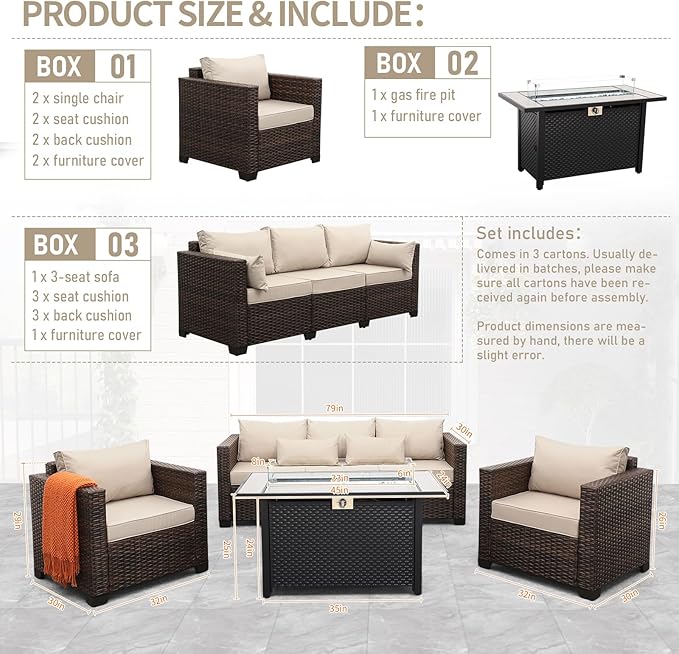 4 Pieces Outdoor Patio Furniture Set 43 in Outdoor Fire Pits Wicker Outdoor Furniture Chairs and Sofa 60000 BTU Outdoor Propane Fire Pit Table Non-Slip Cushions and Waterproof Covers, Khaki