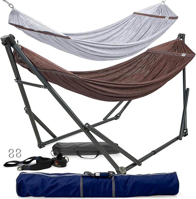 Tranquillo Combo x2 Hammocks with Stand for Outside & Tree Straps, Heavy Duty Hammock with Stand 600lbs for Indoor Outdoor Patio Backyard, x2 Hammocks for 2 Person (Combo - Brown, Medium) by Tranquillo