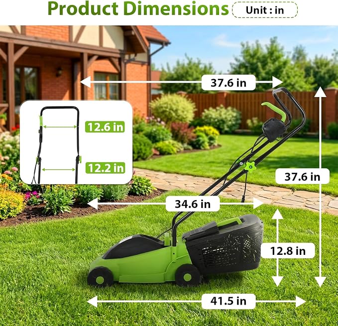 ‌FDW 13-Inch Electric Corded Push Lawn Mower - 12 Amp Motor, 3-Position Height Adjustment, Dethatcher Function & Grass Collection Box - Image 7