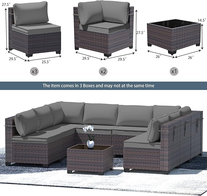 9 Pieces Outdoor Patio Furniture Set,Outdoor Sectional Furniture All Weather PE Rattan Wicker Patio Conversation Set with Coffee Table and 8 Thickened Cushions,Grey