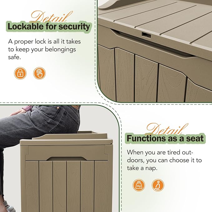 Greesum 31 Gallon Resin Deck Box All Weather Outdoor Storage Boxes for Patio Furniture Set,Outdoor Toys,Garden Tools,Light Coffee - Image 4