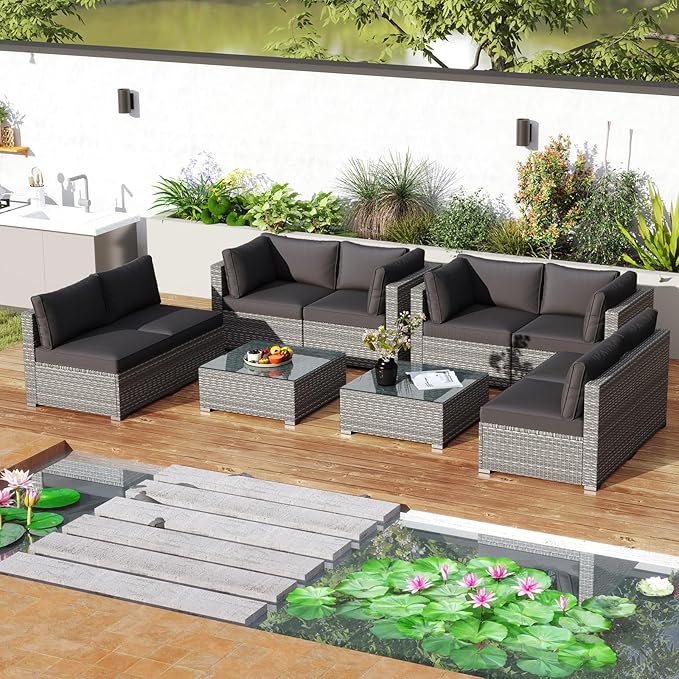 Tangkula 10-Piece Outdoor Patio Sectional Sofa Couch, PE Rattan Conversation Set w/Glass Coffee Table & Cushions, Outdoor Furniture Set w/Sturdy Metal Frame for Garden Poolside Backyard