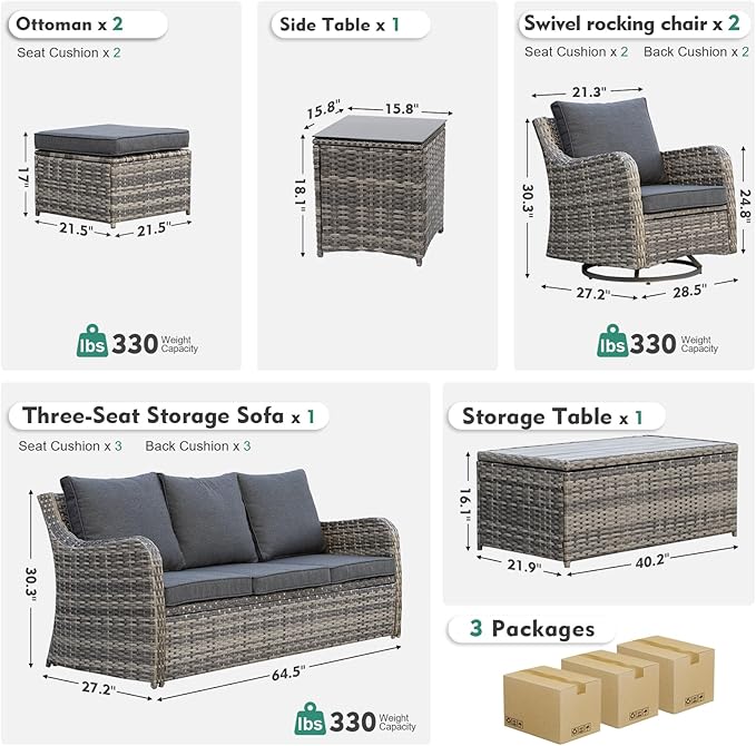 MEISSALIVVE Outdoor Patio Furniture Set with Swivel Chair, 7 Pieces Patio Conversation Set, Patio Sectional Furniture Set with 2 Swivel Rocker Chair & Sofa, 2 Ottomans and Coffee Table (Grey)