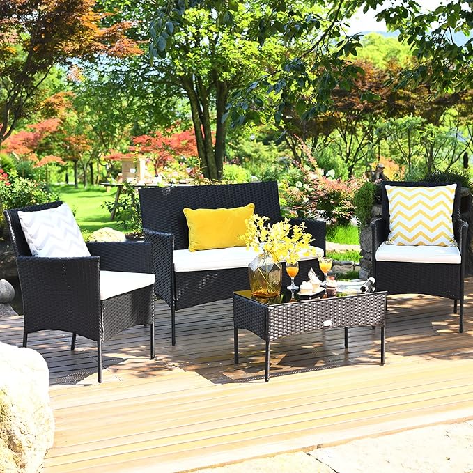 8 Pieces Patio Furniture Set, Outdoor Conversation Set with Ergonomic Curved Backrest, Patio Chair Set with Water-Resistant Cushion & Tempered Glass Table for Balcony,Porch,Poolside(Beige)