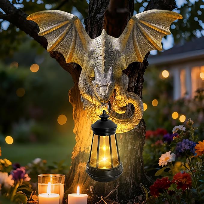 Dragon Tree Hugger Garden Statue - Resin Dragon Figurine Wall Hanger Sculptures Decor with Solar Lantern Lights, Outdoor Waterproof for Balcony Wall Porch Yard, Gifts for Mom Women Grandma Birthday