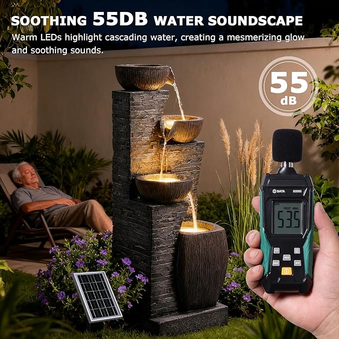 38.2" Tall Solar Water Fountain Outdoor Garden,4 Tiers Modern Cascading Bowls and Stacked Stones Solar Powered Fountains with LED Lights for Garden, Patio, Deck, Porch, Backyard, Lawns