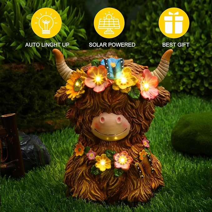 Highland Cow Solar Statue Outdoor Decor Resin Highland Cow Figurine with Flower Gifts for Women Mom for Spring Yard Garden Lawn Ornaments, Calf Gnome Herd Lovers(Bright)