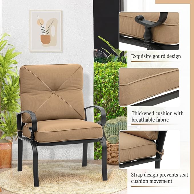 5 Pcs (6 Seats) Outdoor Patio Furniture Conversation Sets, Glider, Loveseat and Coffee Table, 2 Single Chairs with Cushions (Brown)