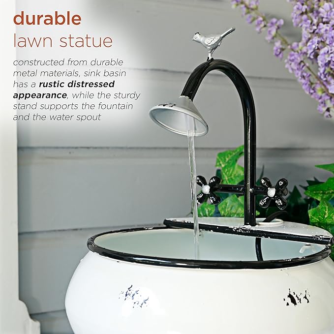 Alpine Corporation YHL170 32” Indoor/Outdoor Antique Metal Sink Water Fountain with Stand – Charming Waterfall Feature for Garden, Patio & Home Decor, White