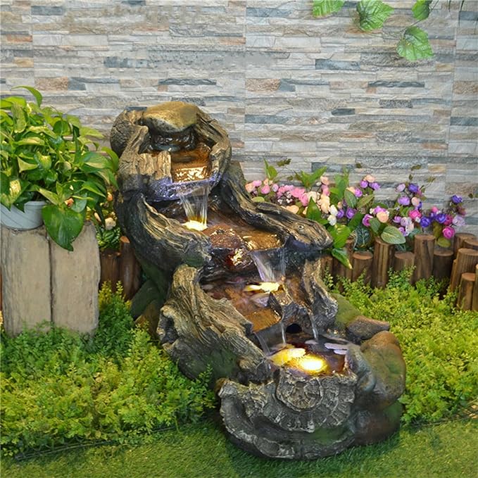 37" L Outdoor Water Fountain with 3 Tiers Cascading Realistic Tree Trunk Waterfall Fountains with LED Lights Outdoor Water Fountain for Garden Patio Backyard Porch Home Decor