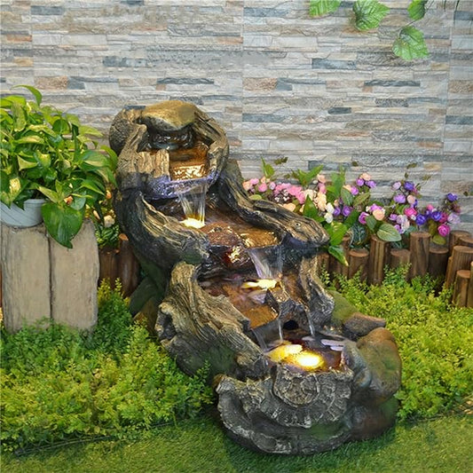 37" L Outdoor Water Fountain with 3 Tiers Cascading Realistic Tree Trunk Waterfall Fountains with LED Lights Outdoor Water Fountain for Garden Patio Backyard Porch Home Decor
