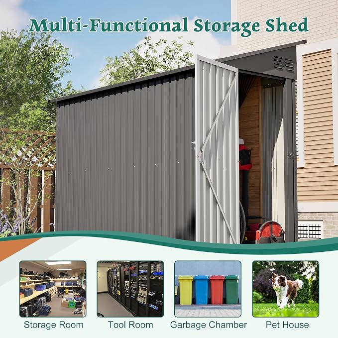 YOPTO 4×8 FT Lean to Metal Shed,Outdoor Heavy-Duty Storage Shed with Floor Base,All Weather Waterproof Garden Tool House W/Lockable Door&2 Air Vents,Reversible Door Design,for Backyard,Patio,Lawn,Gray - Image 11