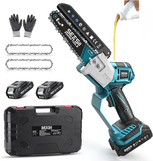 SEESII Brushless Mini Chainsaw 6 Inch, Handheld Saw with 2 * 2000 mAh Batteries, Cordless Chainsaw with Automatic Oiler, Compatible with Makita 18V Battery, Electric Saw for Tree Limb Branch Cutter by SEESII