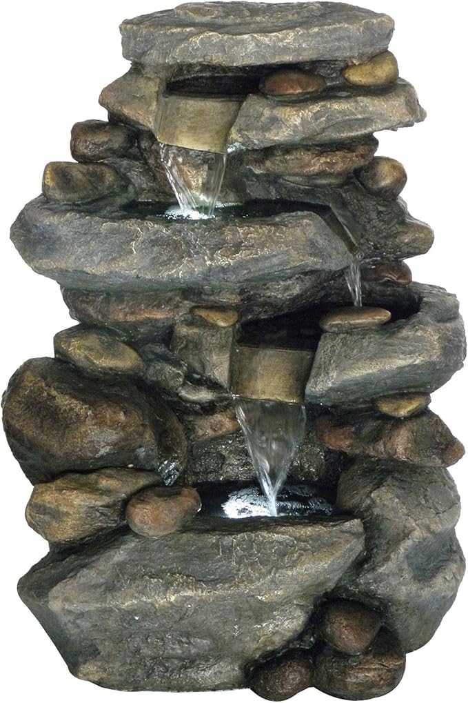 Outdoor Water Fountain - 3-Tier Rock Outdoor Waterfall Fountain with Lights - 25.5” LED Fountain Yard Patio Decor - Outdoor Fountains by Pure Garden