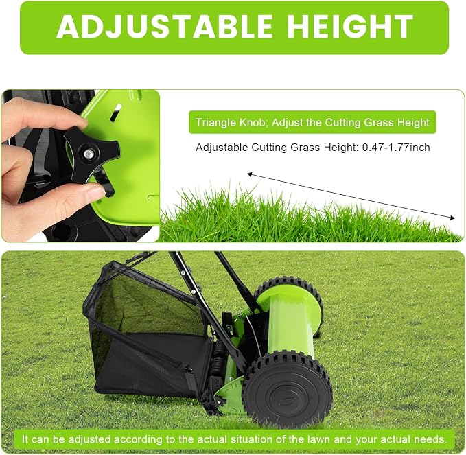 12 Inch Manual Push Reel Lawn Mower Push Lawn Sweeper Adjustable Cutting Height with 23L Collection Bag, 5 Blades for Picking Up Leaves, Grass and Debris Push Mower - Image 4