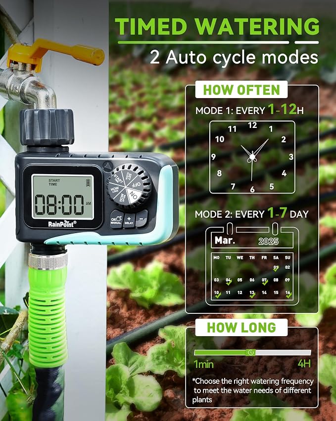 RAINPOINT Sprinkler Timer, Programmable Water Timer for Garden Hose, Outdoor Soaker Hose Timed with Rain Delay/Manual/Automatic Watering System, Digital Irrigation for Yard, Lawn, 1 Outlet - Image 2