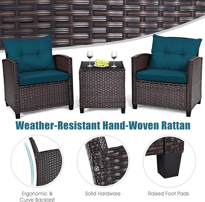 KOTEK 3 Piece Patio Furniture Set, Outdoor Conversation Set with Washable Cushions & Tempered Glass Tabletop, PE Rattan Wicker Bistro Set for Porch, Garden, Balcony (Peacock Blue)