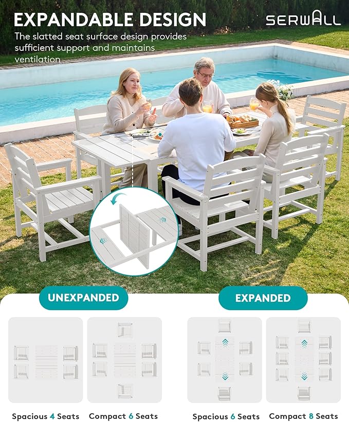 SERWALL 9-Piece Outdoor Dining Set, 60" - 83" Expandable Outdoor Dining Table and 8 HDPE Chairs, All Weather HDPE Outdoor Furniture Set for Backyard, Garden, White - Image 3