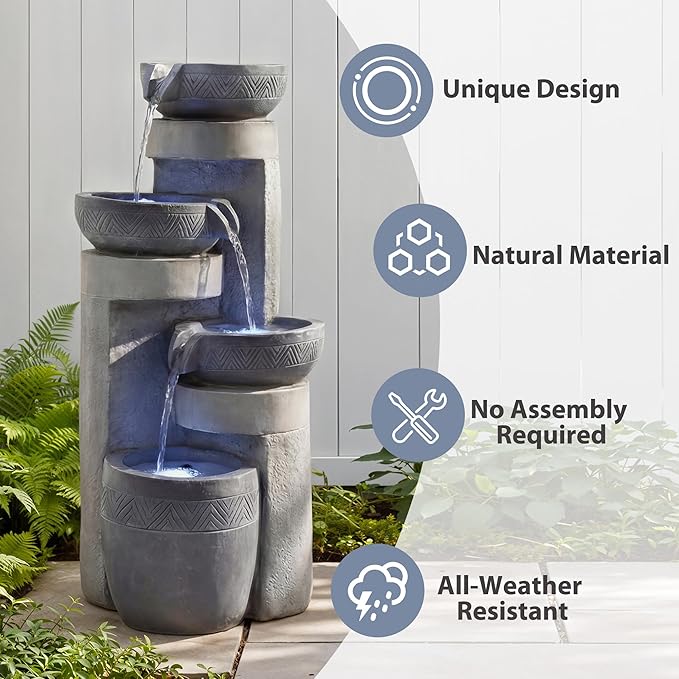 31.5" Tall Outdoor Water Fountain, 4 Tier Cascading Bowls and Stacked Water Fountain with LED Lights, for Yard Décor, Backyard, Patio and Deck (31.5'')