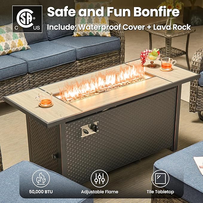 ovios 10-Piece Patio Furniture Set with Swivel Chairs Coffee Table, Outdoor Wicker Sofa with 54" Fire Pit Table, High Back Couch Modern Conversation Sets, Grey/Denim Blue